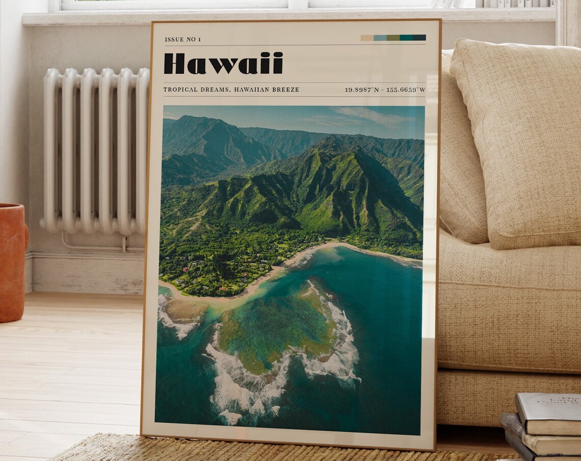 Hawaii Tropical Coastline Mountains Aerial Vintage Travel Magazine Poster
