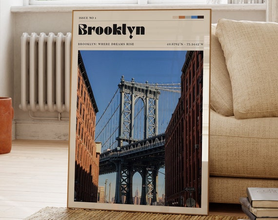 Brooklyn New York Print Travel Poster City Vintage Bridge Gift For Her Personalised Bedroom Decor Cityscape