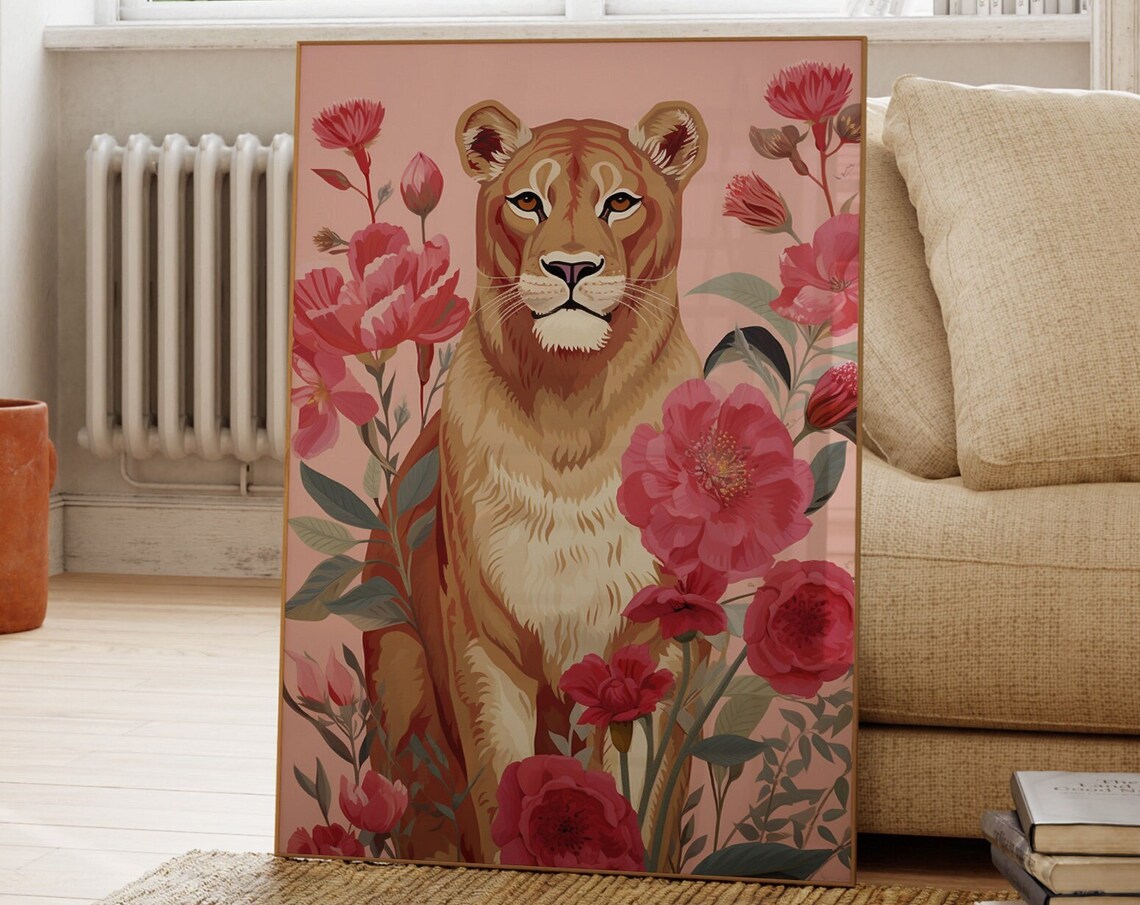 Lioness And Pink Flowers Poster, Modern Nature