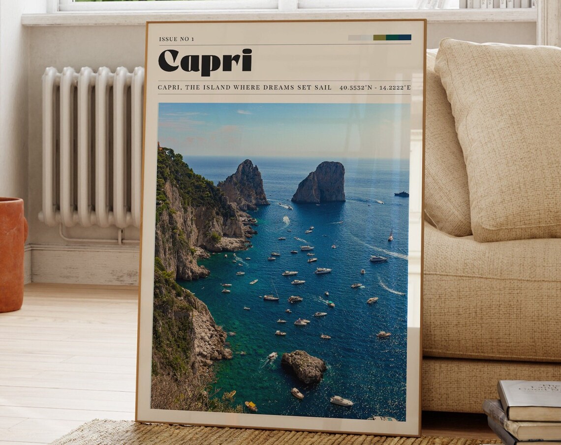 Capri Italy Faraglioni Rocks Boats Blue Grotto Island Photo Travel Poster