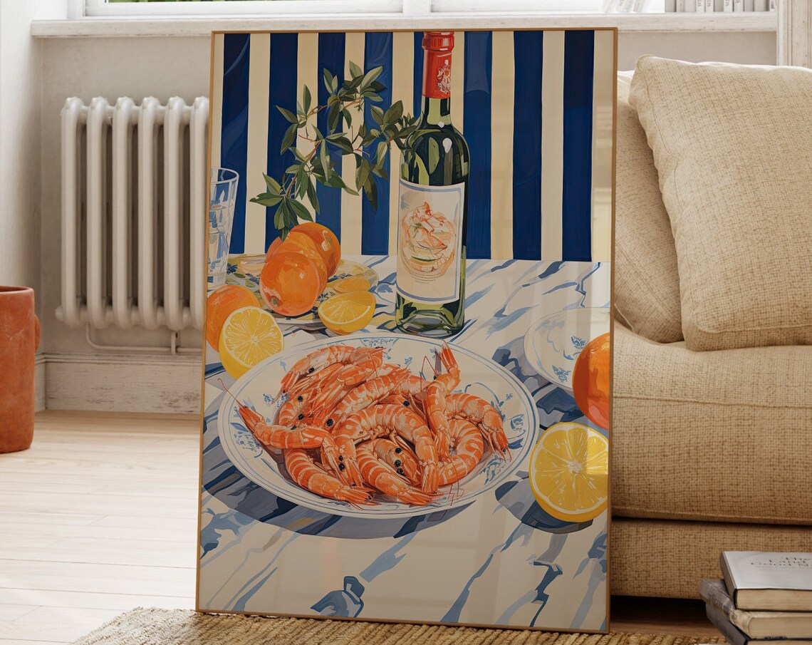 Mediterranean Shrimp Oranges Wine Still Life Food Art Poster