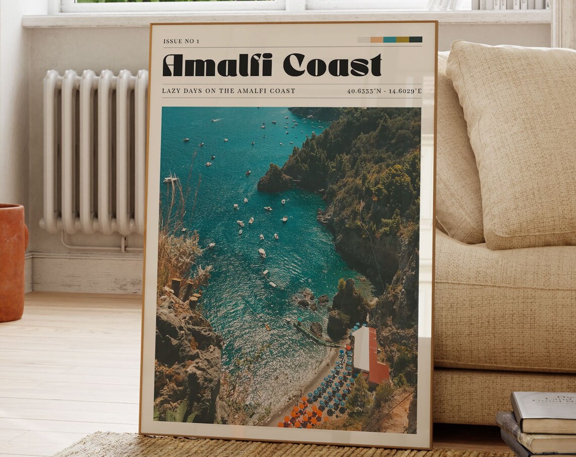 Amalfi Coast Turquoise Cove Boats Aerial Magazine Cover Travel Poster