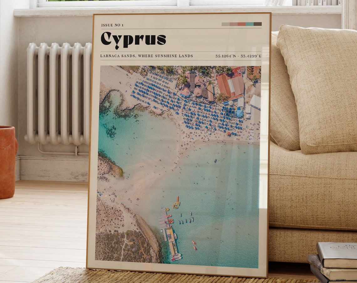 Cyprus Larnaca Beach Aerial Blue Umbrellas Sea Photo Travel Poster Art