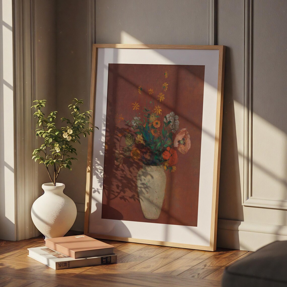 Vintage Bouquet in White Vase on Warm Terracotta Floral Art Print