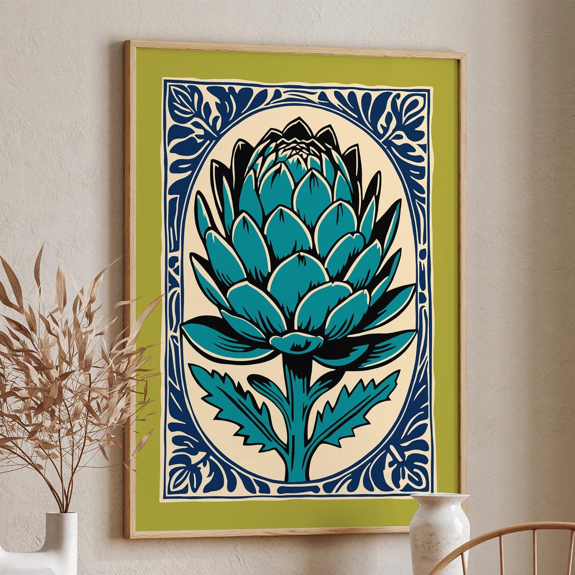 Green Artichoke Botanical Blue Frame Modern Kitchen Wall Poster