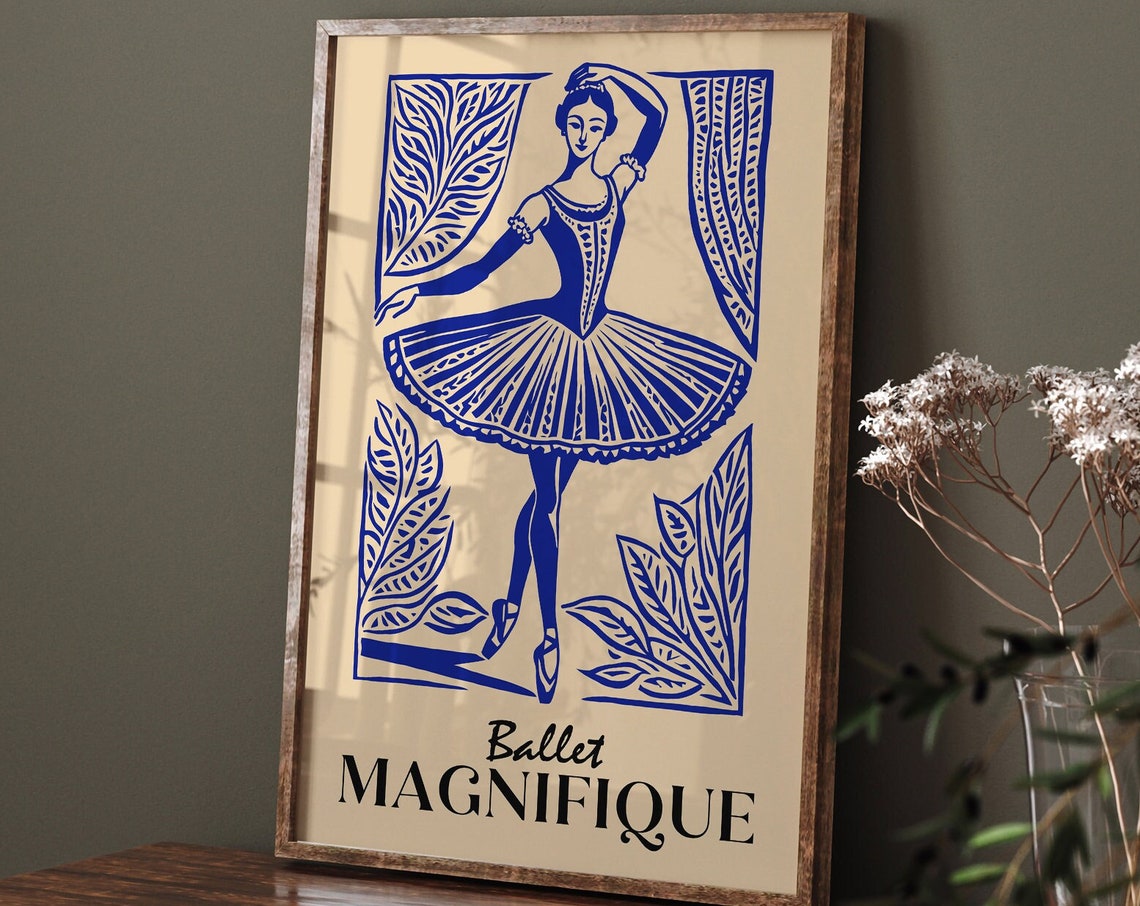 Ballet Magnifique Blue Ballerina Linocut Dance Elegant Poster - Image 6