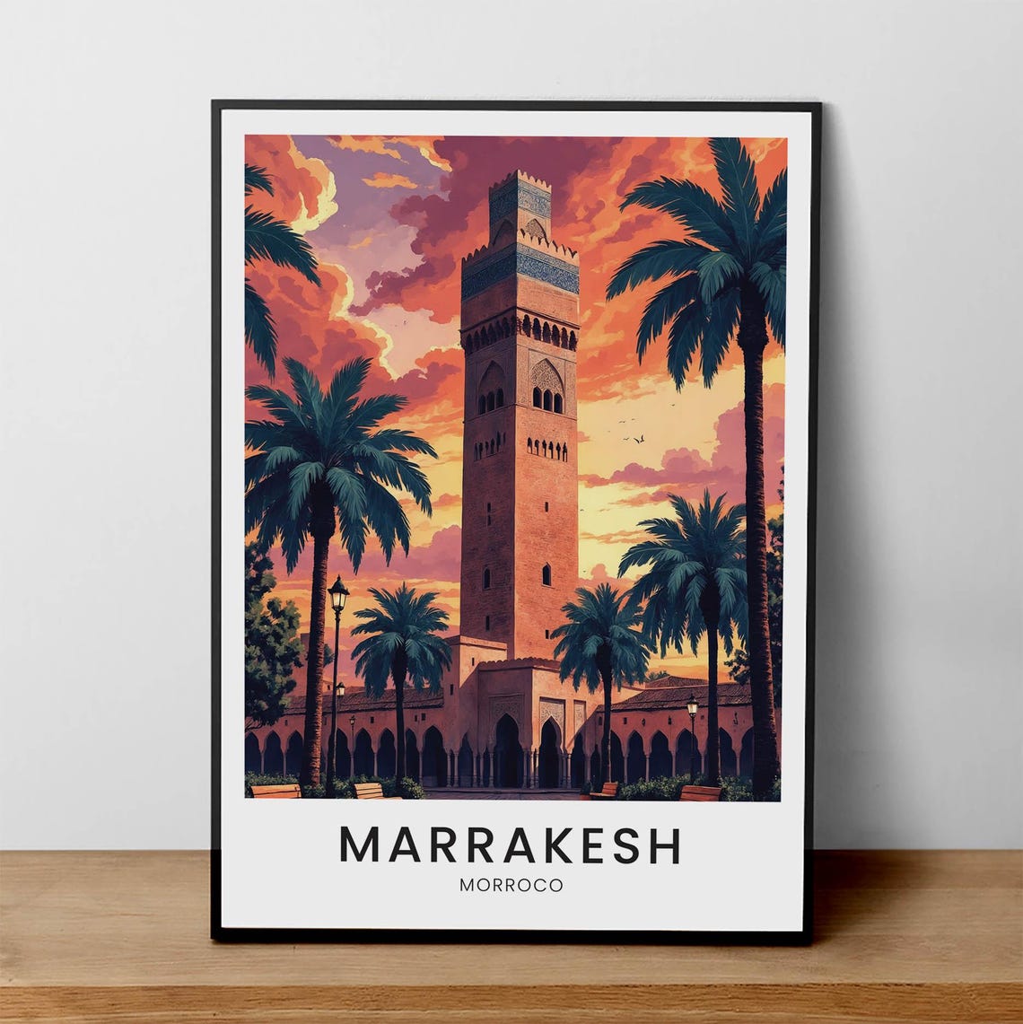 Marrakesh Morocco Koutoubia Mosque Sunset Palm Trees Travel Poster