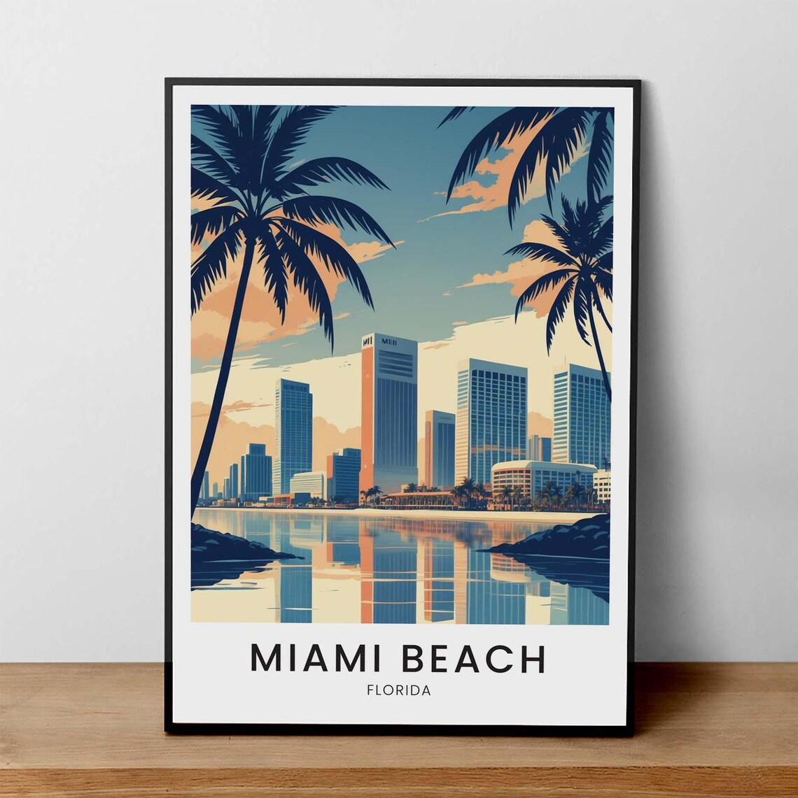 Miami Beach Florida Skyline with Palm Trees at Sunset Travel Poster
