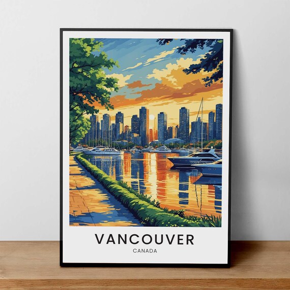 Vancouver Canada Golden Harbor Sunset Skyline Marina View Travel Poster