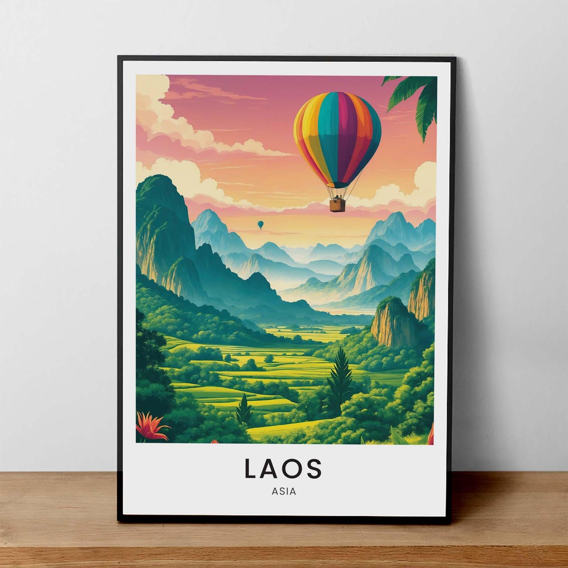 Laos Hot Air Balloon Mountain Valley Sunset Sky Travel Poster