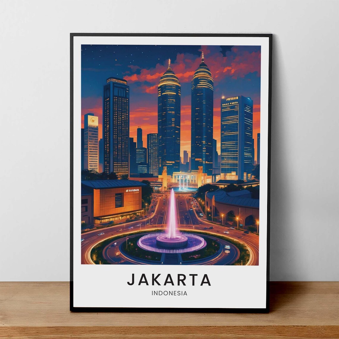 Jakarta Indonesia Night Skyline Sunset Fountain City Travel Poster