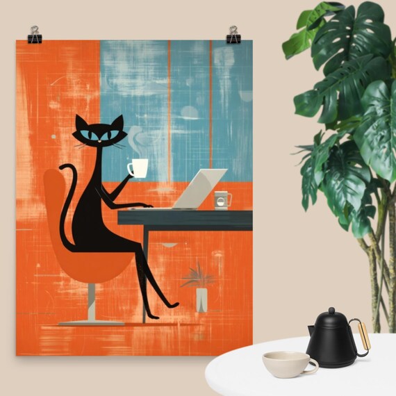 Atomic Black Cat With Coffee Retro Midcentury Modern Office Desk Poster