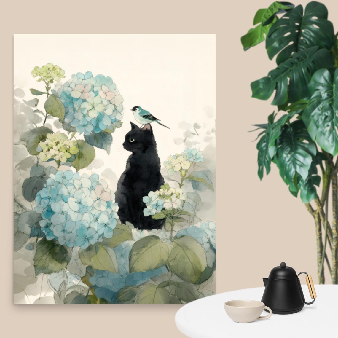 Black Cat and a Small Bird in a Blooming Hydrangea Garden Poster