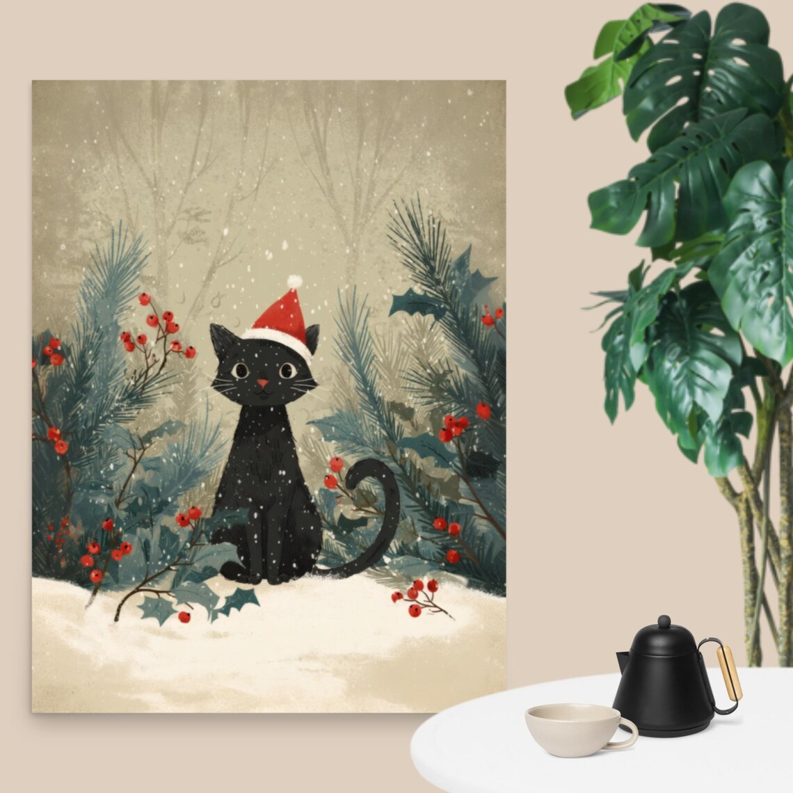 Sweet Santa Hat Black Cat In Falling Snow Christmas Scene Poster