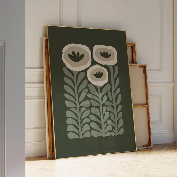 Forest Green Background Cream Flowers Modern Botanical Art Poster