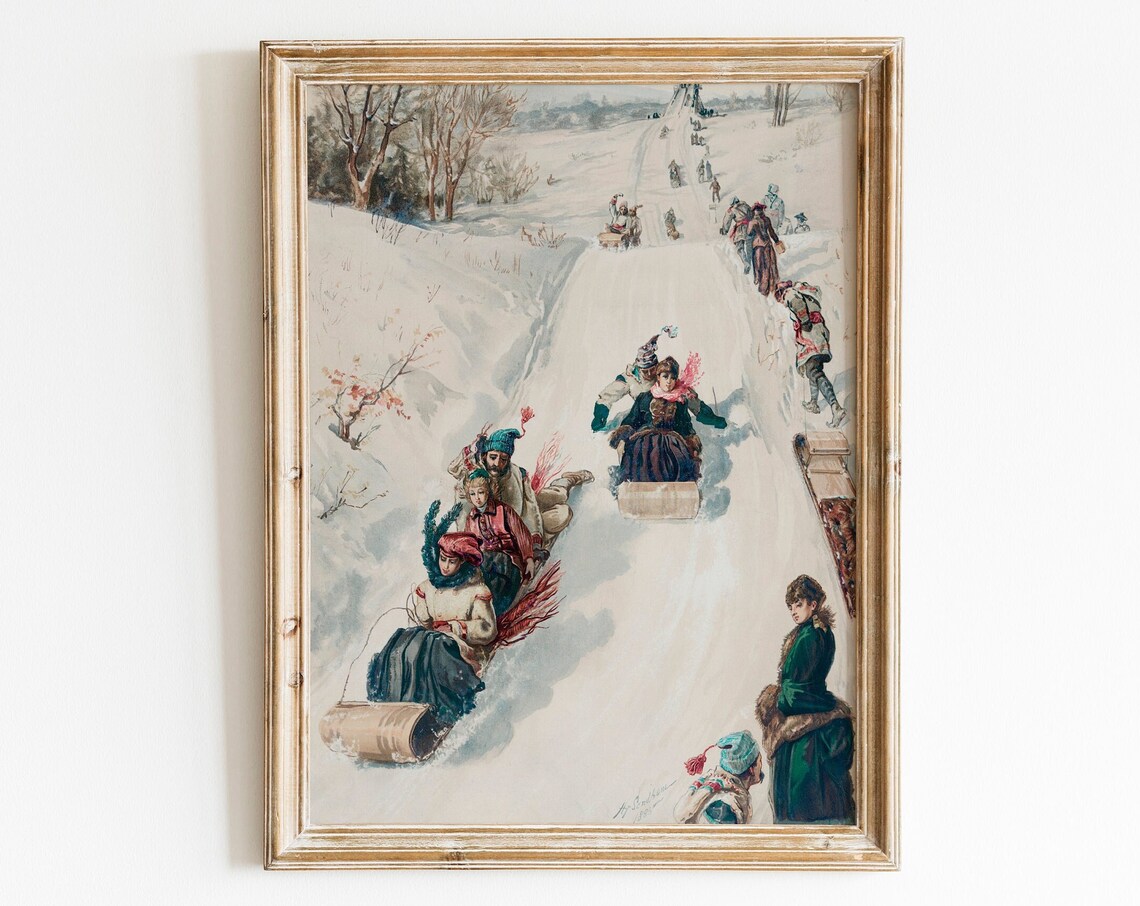 Vintage Tobogganing Scene Children Sledding Snowy Hill Winter Print