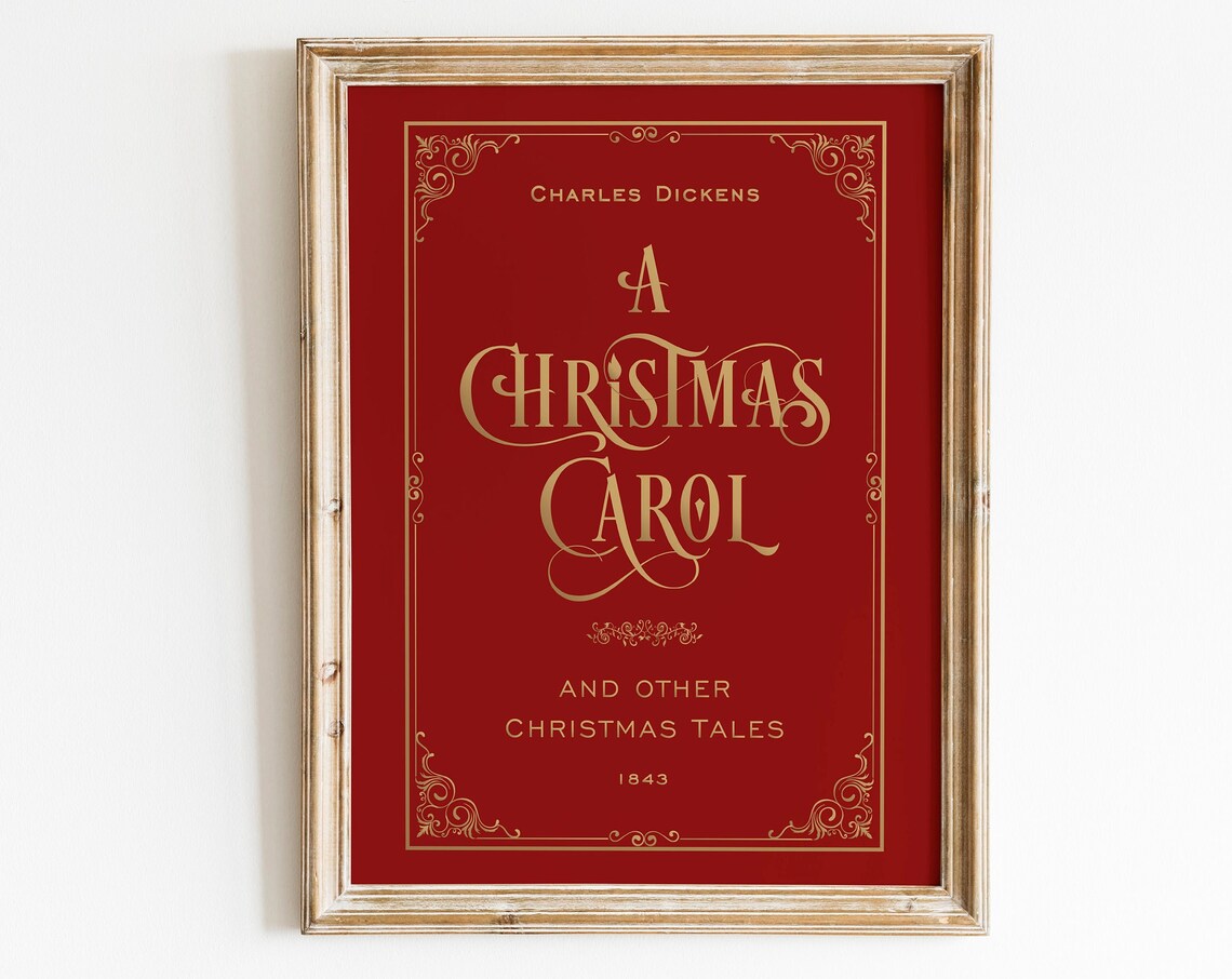 A Christmas Carol Charles Dickens Red Gold Book Cover Holiday Print