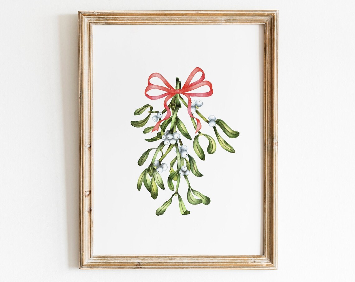 Mistletoe Sprig Red Bow Watercolor Botanical Christmas Holiday Print