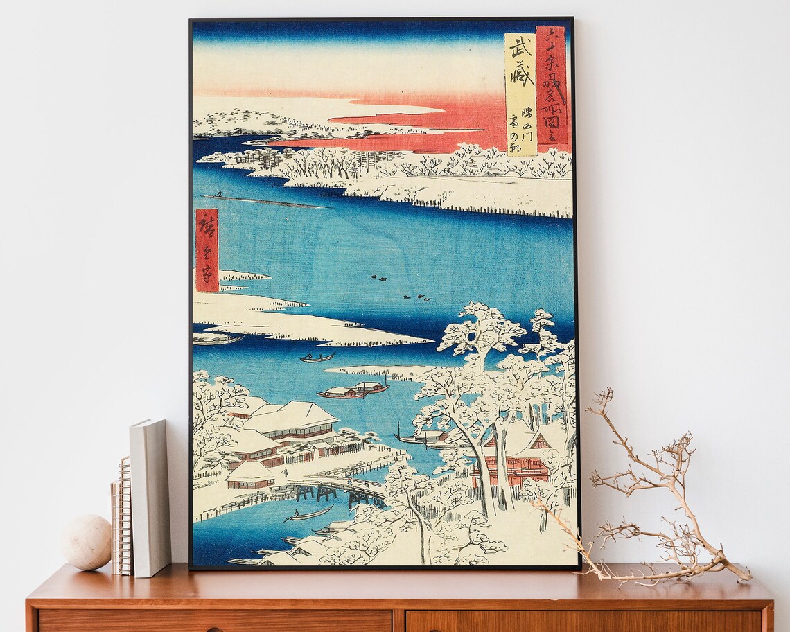 Utagawa Hiroshige Snowy River Winter Dawn Boats Woodblock Art Poster
