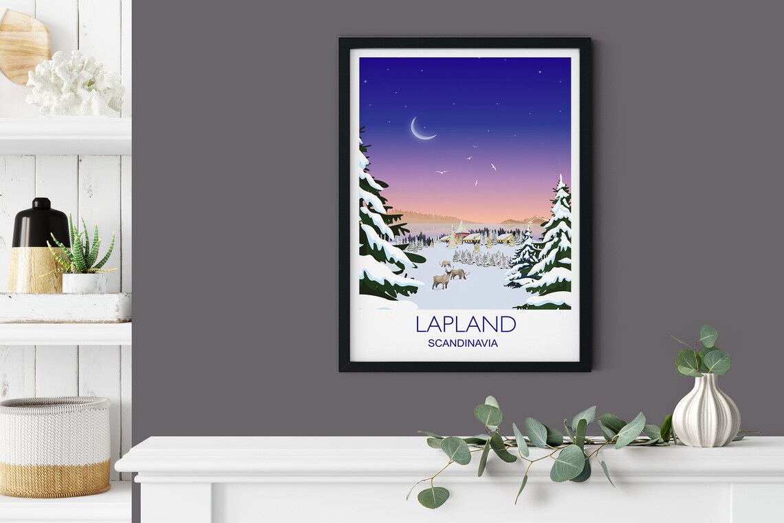 Lapland Scandinavia Reindeer Winter Night Village Scene Poster Art - Image 3