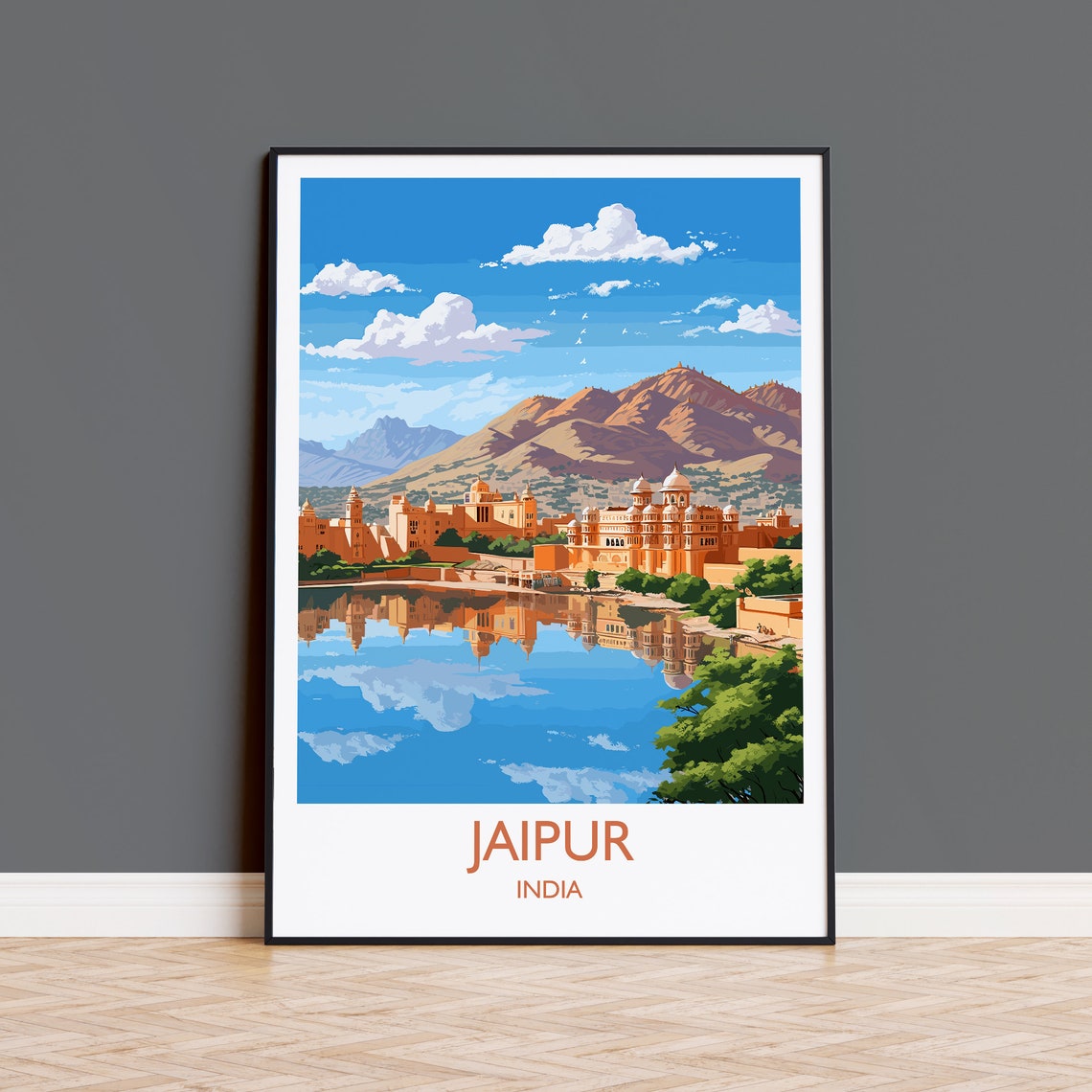 Jaipur India Pink Palace Lake Reflection Mountain Art Poster
