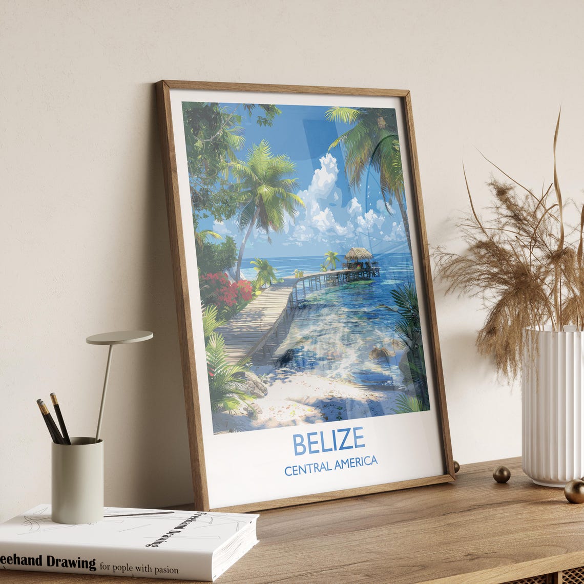 Belize Tropical Beach Pier Palapa Hut Travel Poster With Title Below - Image 2