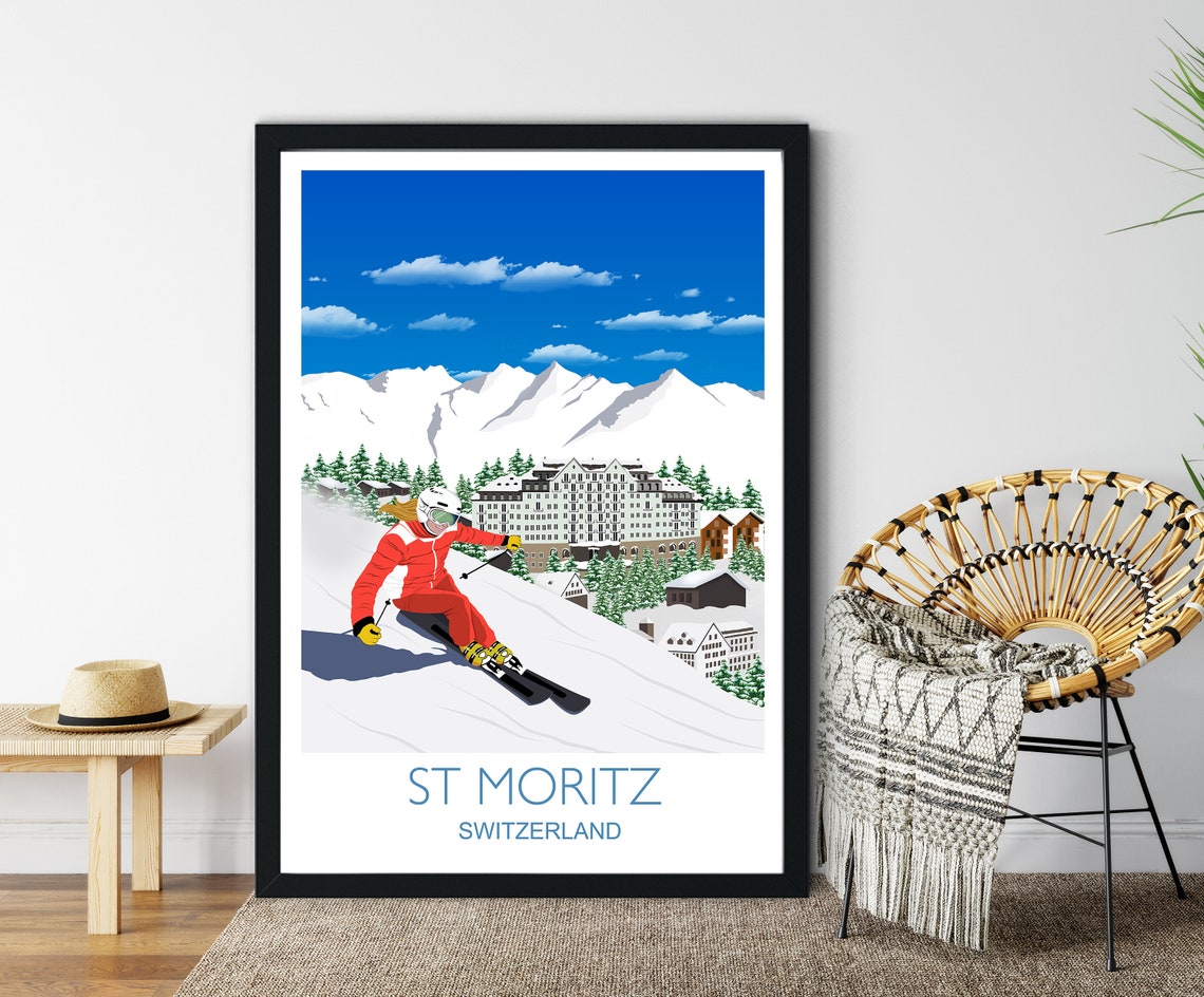 St Moritz Switzerland Blue Ski Run Resort Peaks Travel Poster - Image 5
