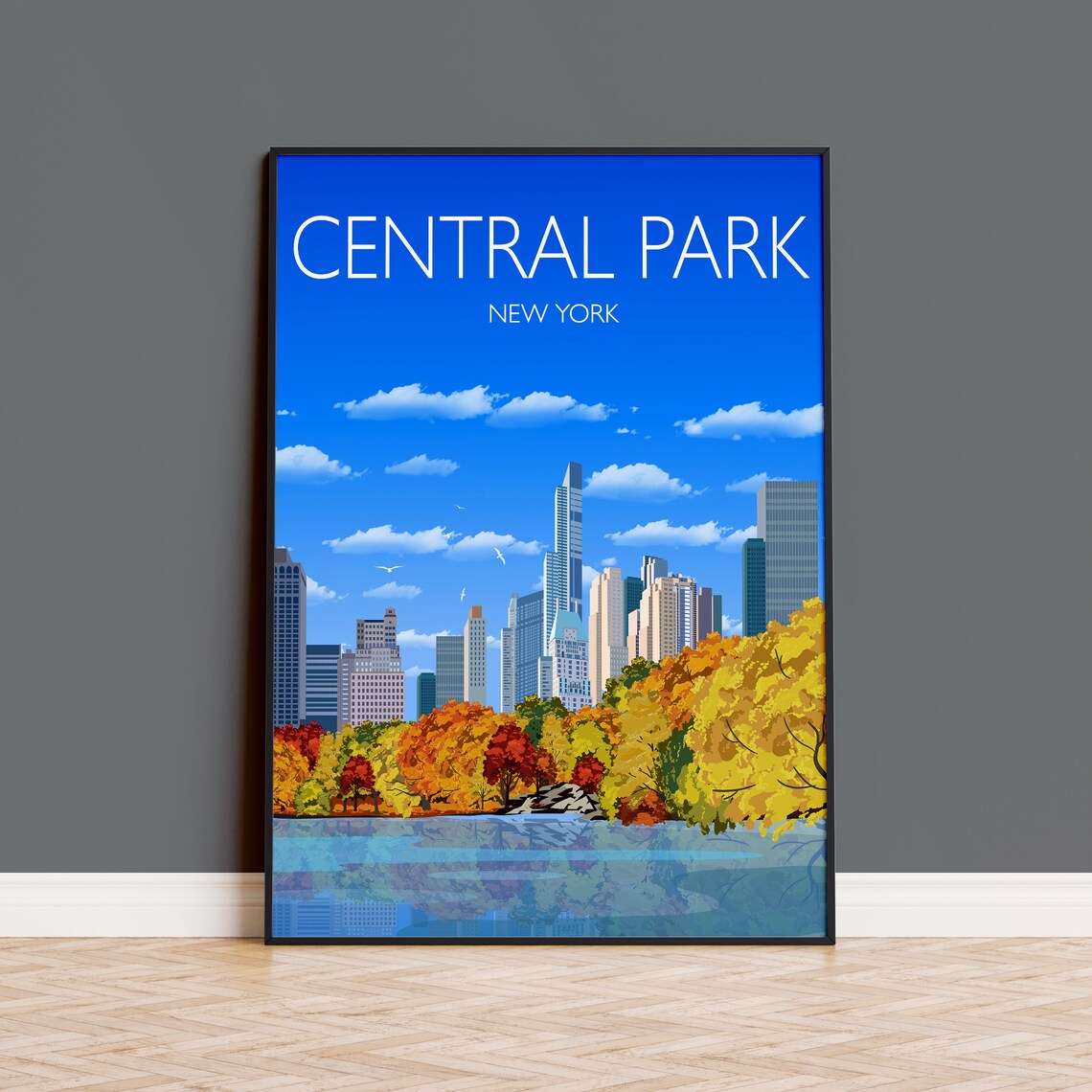 Central Park New York Autumn Foliage Skyline Lake View Travel Poster