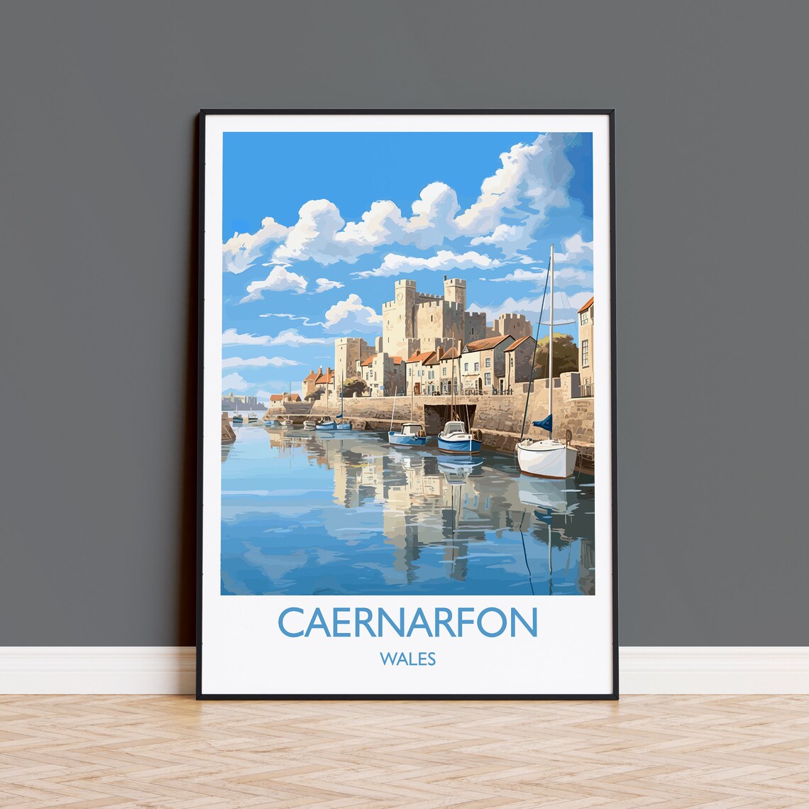 Caernarfon Wales Historic Castle Harbor Sailing Boats Travel Poster