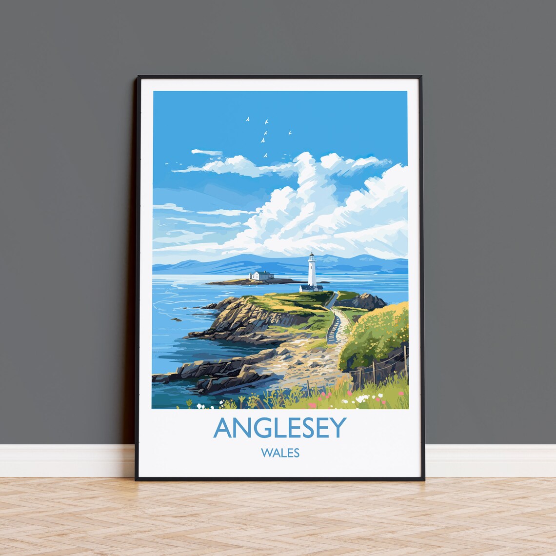 Anglesey Wales Rocky Coast Lighthouse Island Seascape Travel Poster