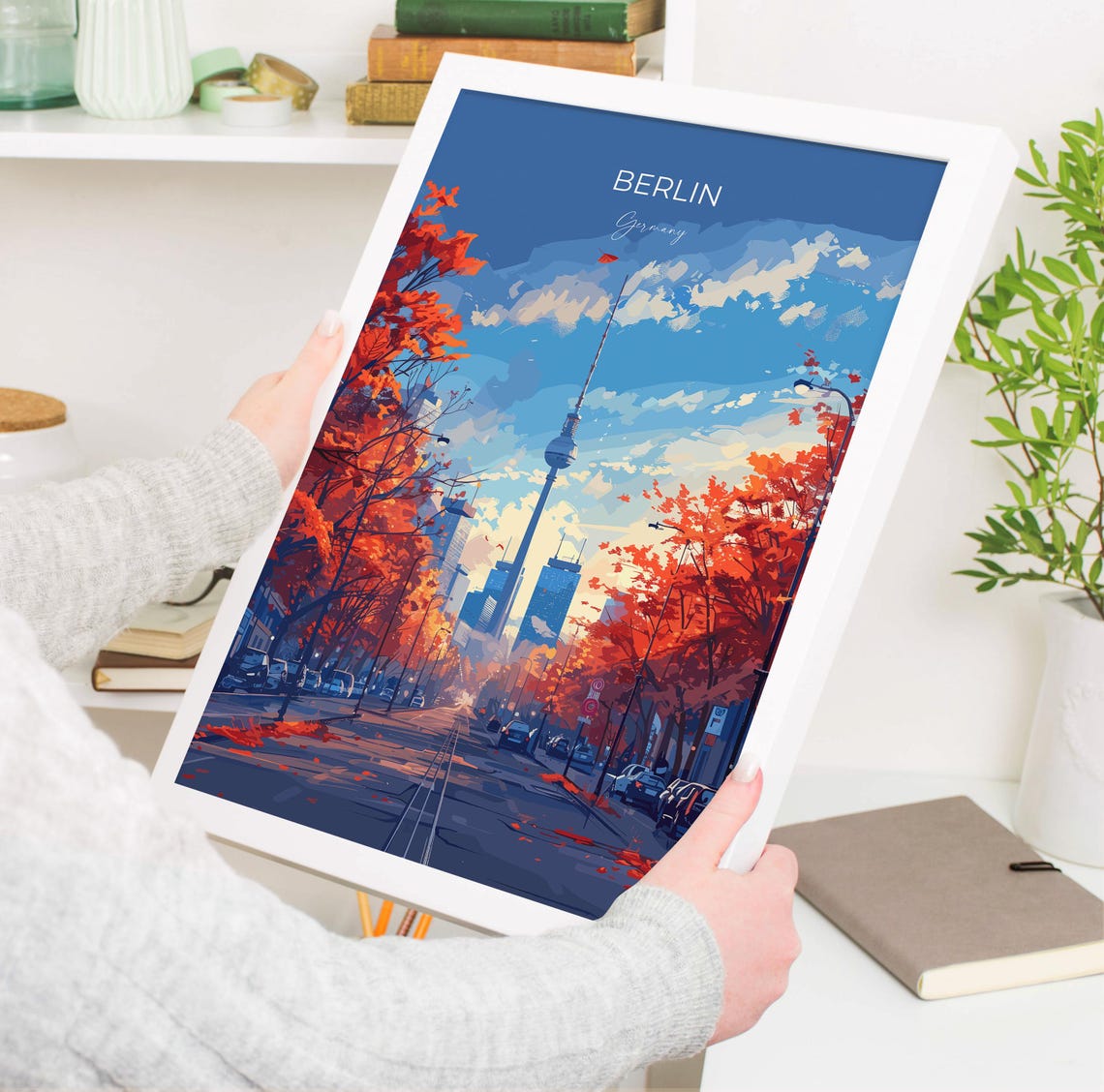 Berlin Germany TV Tower Autumn Red Tree Boulevard View Poster - Image 3