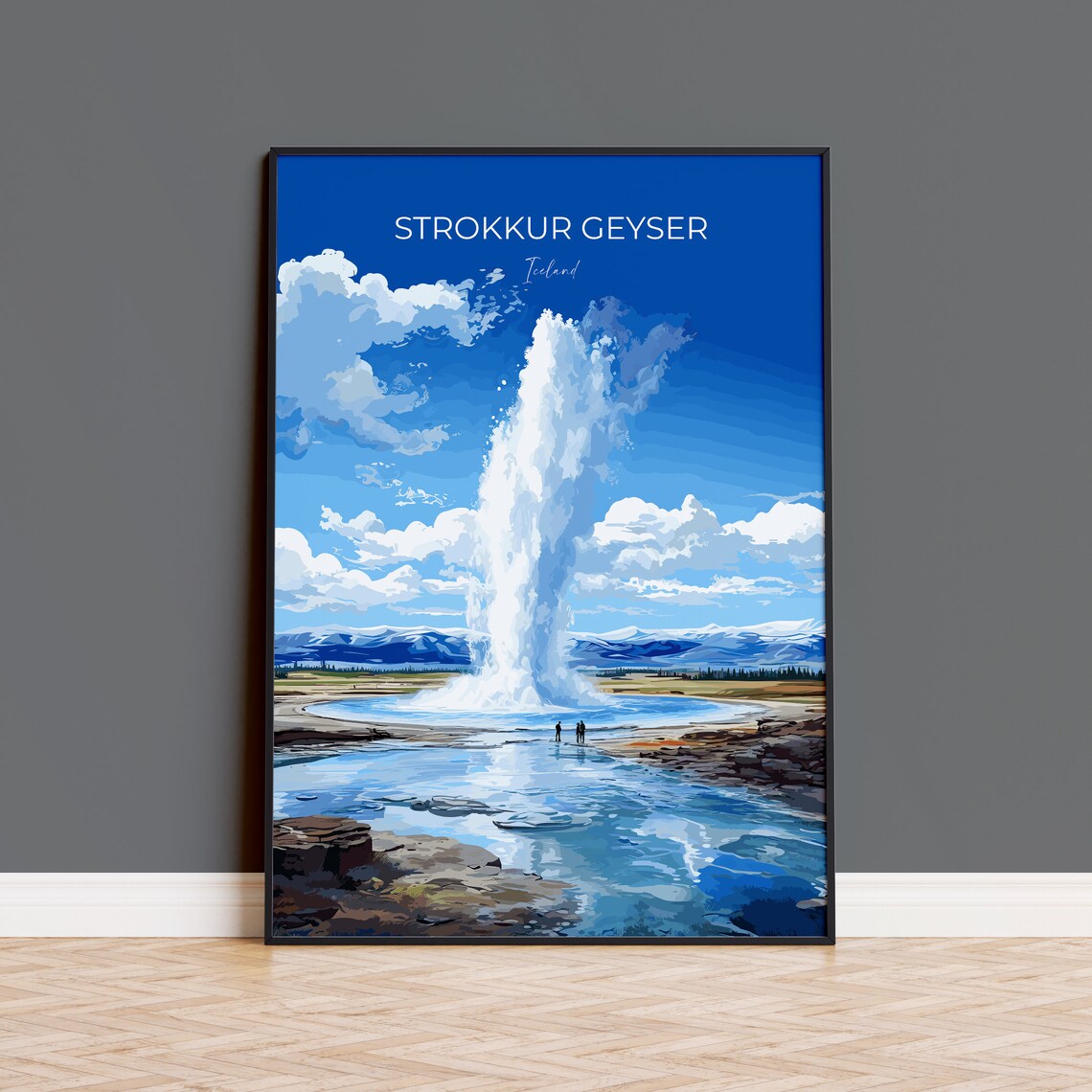 Strokkur Geyser Eruption Iceland Blue Sky Vintage Travel Poster