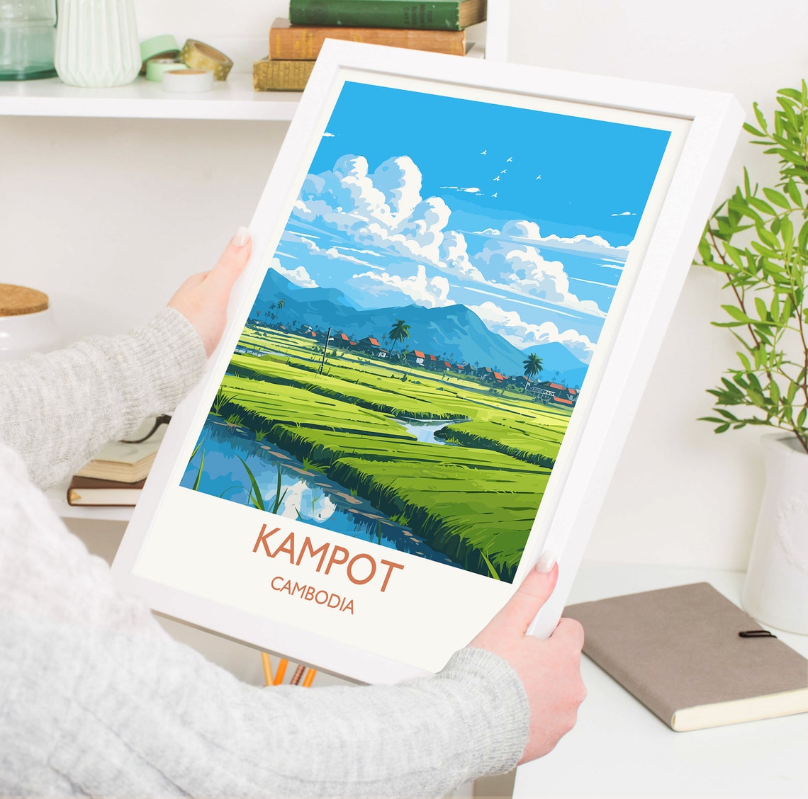 Kampot Cambodia Rice Paddy Fields Mountain Village Travel Poster - Image 5