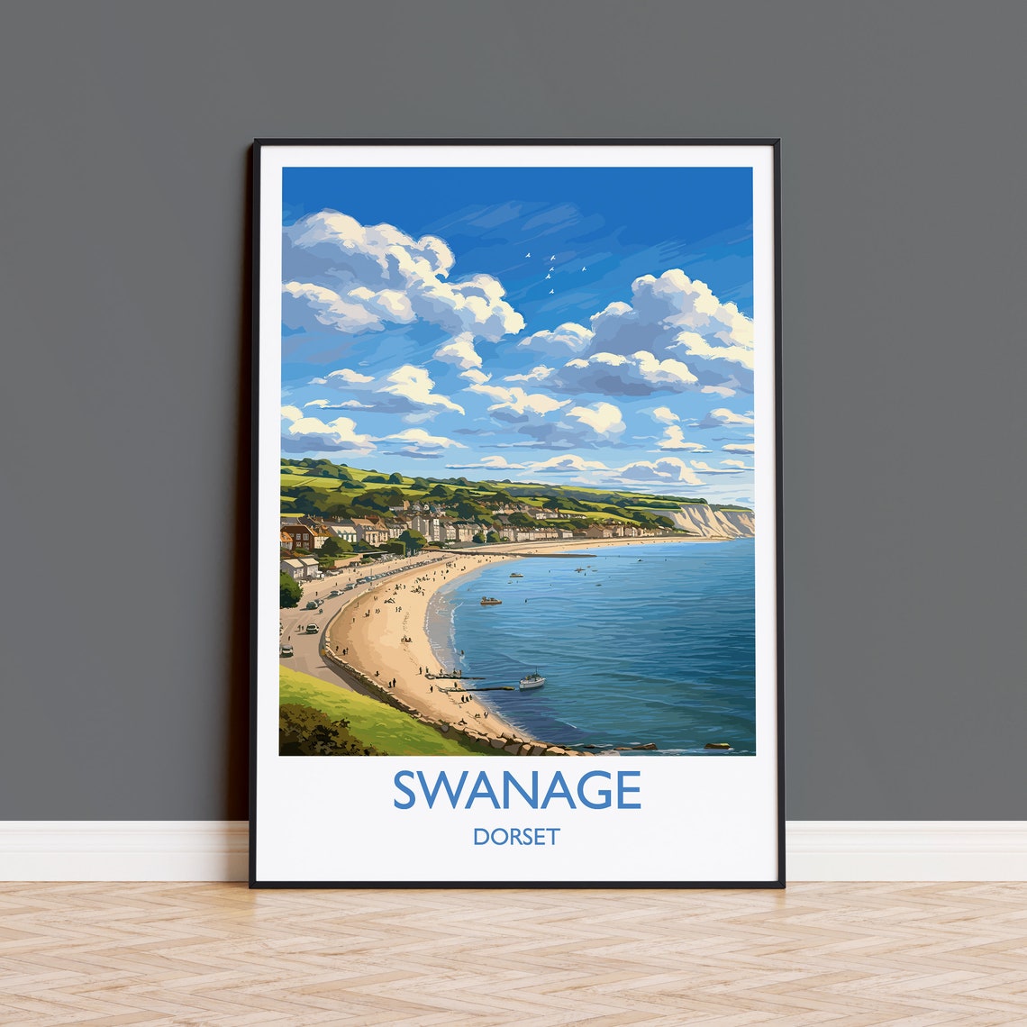 Swanage Dorset Sandy Bay Beach Cliffs Seaside Vintage Poster