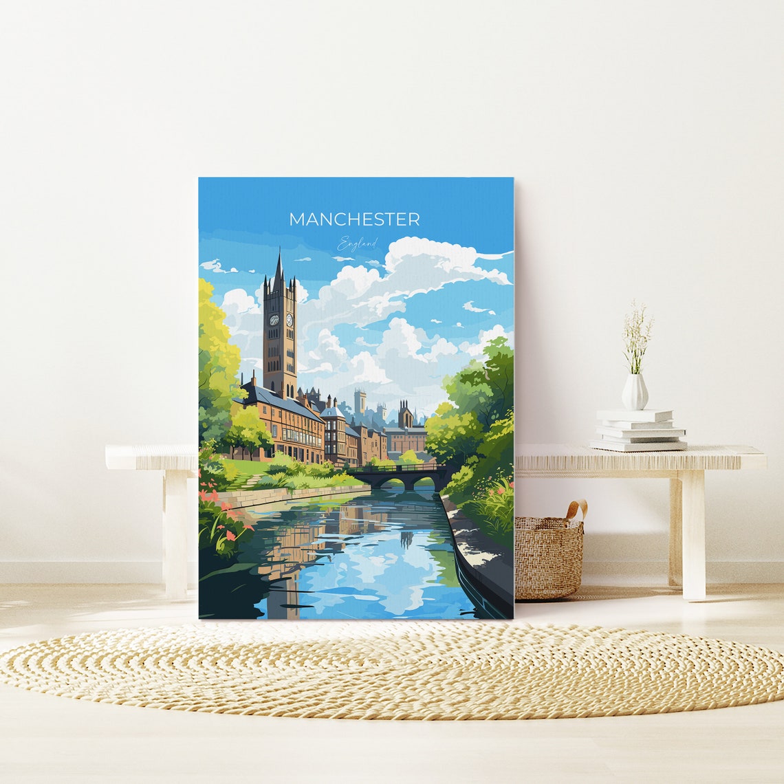 Manchester England Historic Clock Tower Canal Reflection Poster - Image 3