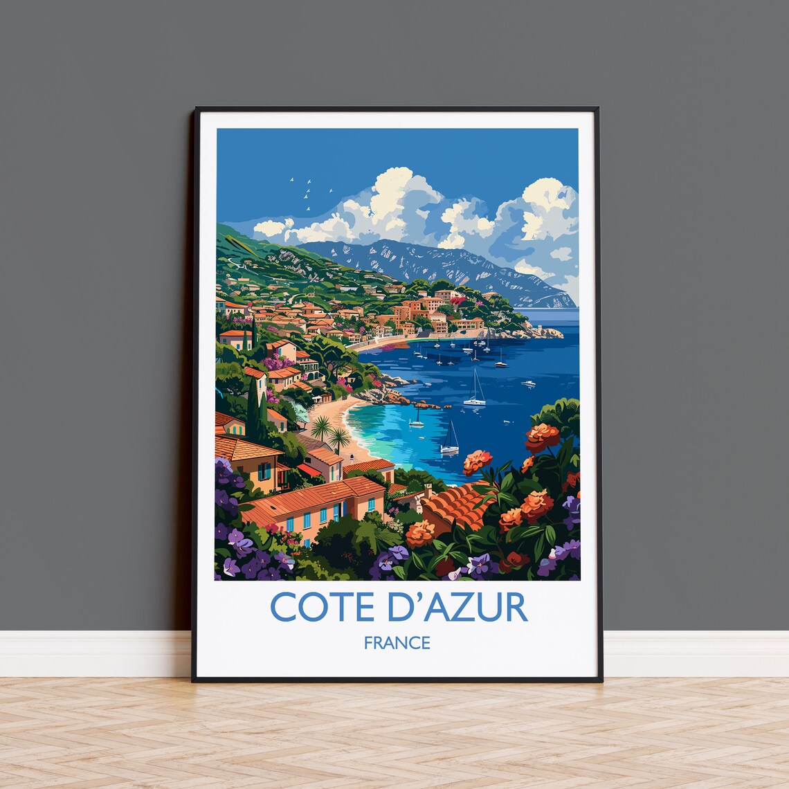 Cote d'Azur France Mediterranean Harbor Bougainvillea Travel Poster