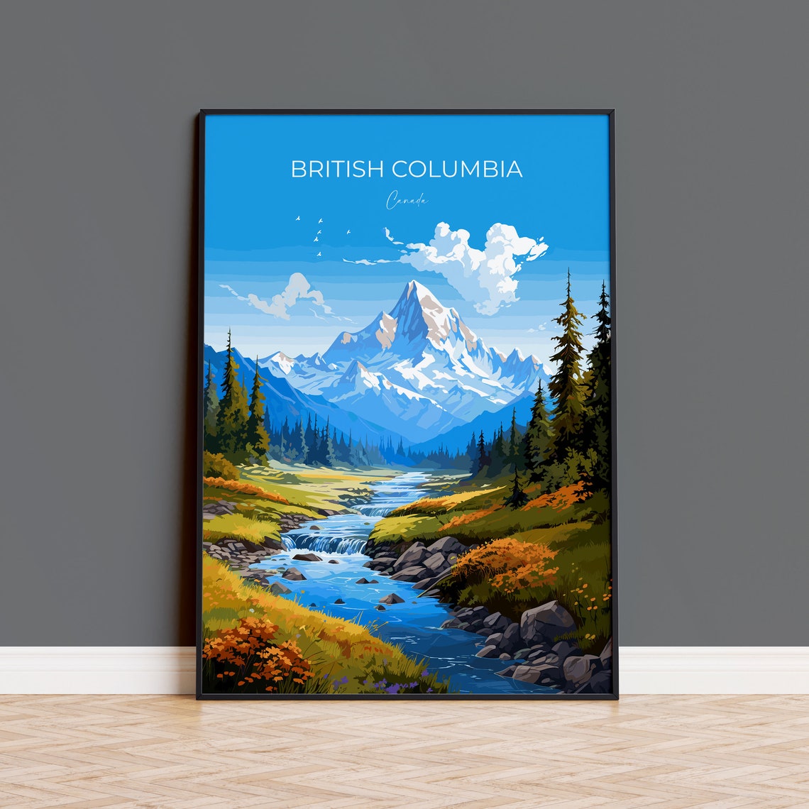 British Columbia Canada Snow Peak River Valley Travel Poster