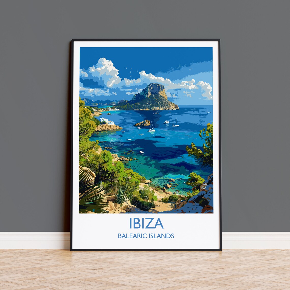 Ibiza Balearic Islands Rocky Island Cove Sailboats Travel Poster