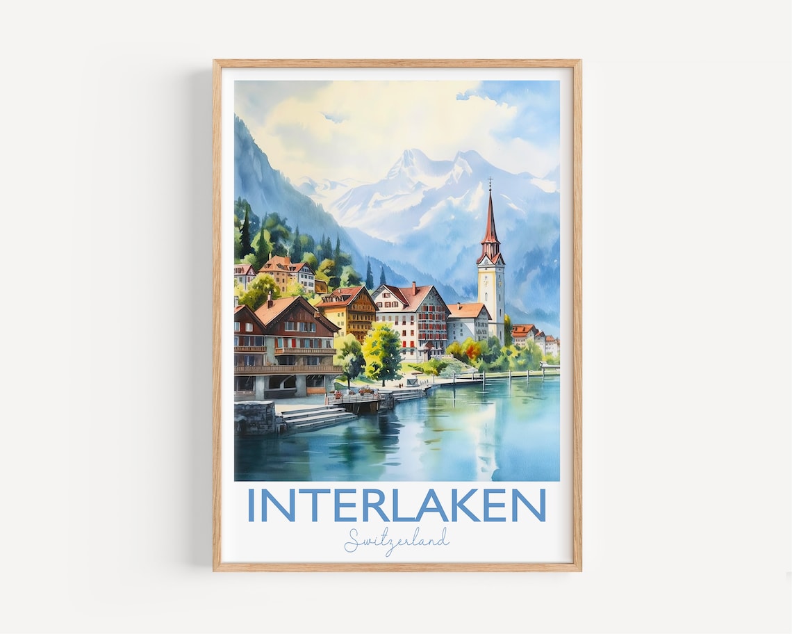 Interlaken Switzerland Alpine Lake Village Church Spire Poster