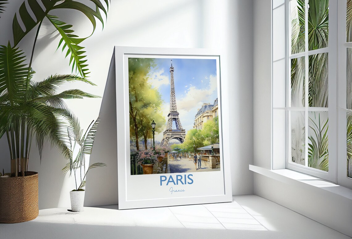 Eiffel Tower Paris France Watercolor Street Scene Travel Poster - Image 4