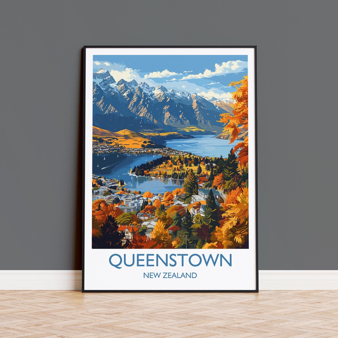 Queenstown Travel Poster, New Zealand Art Lovers Gift