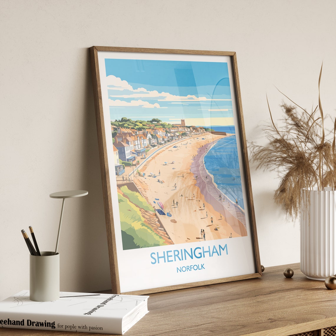Sheringham Norfolk Curved Beach Aerial Town Travel Poster Seaside Gift - Image 3