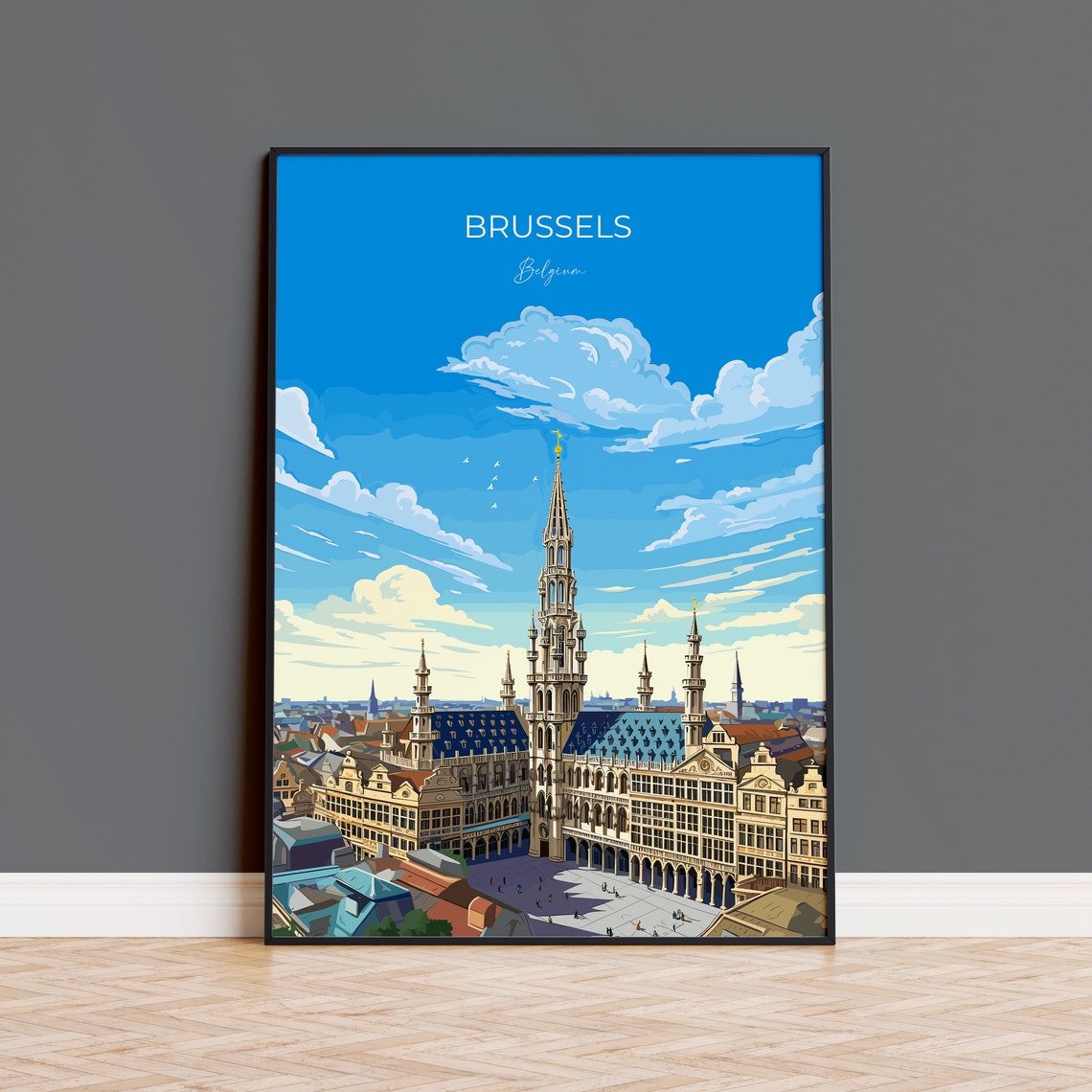 Brussels Belgium Grand Place Town Hall Skyline Travel Poster