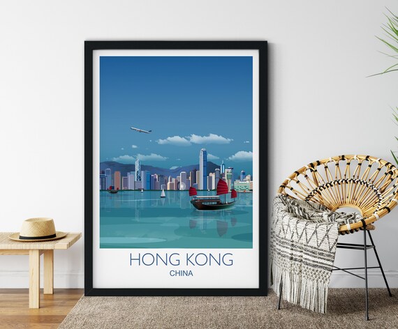 Hong Kong China Harbor Skyline Junk Boat Victoria Scene Travel Poster