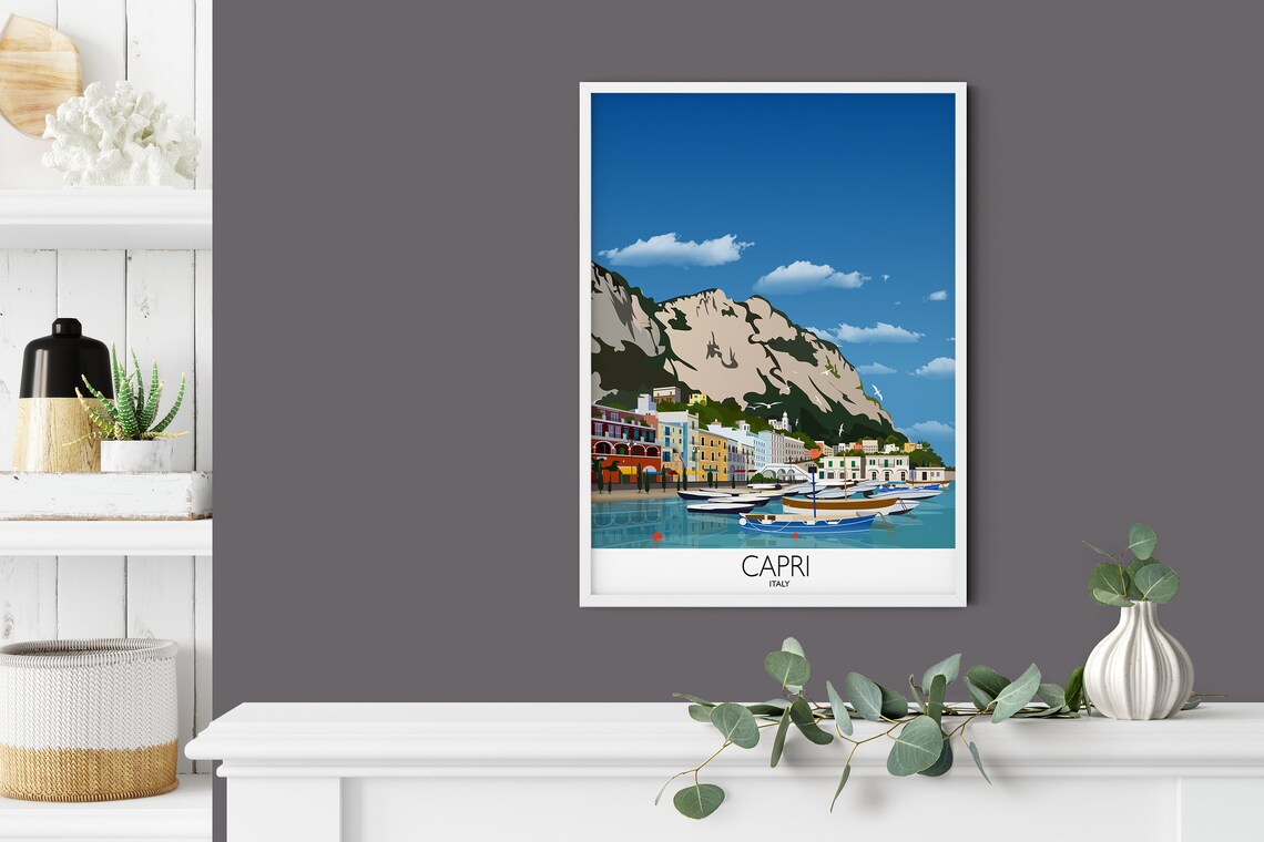 Capri Italy Harbor Travel Poster of Boats Cliffs and Waterfront - Image 2