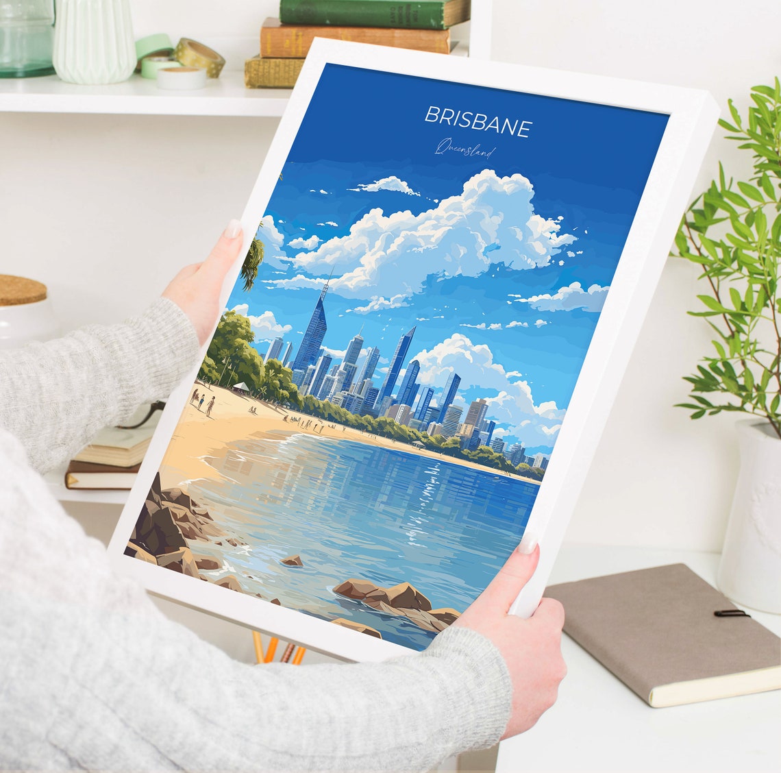 Brisbane Queensland Skyline Over Blue Water Bay Travel Poster - Image 5
