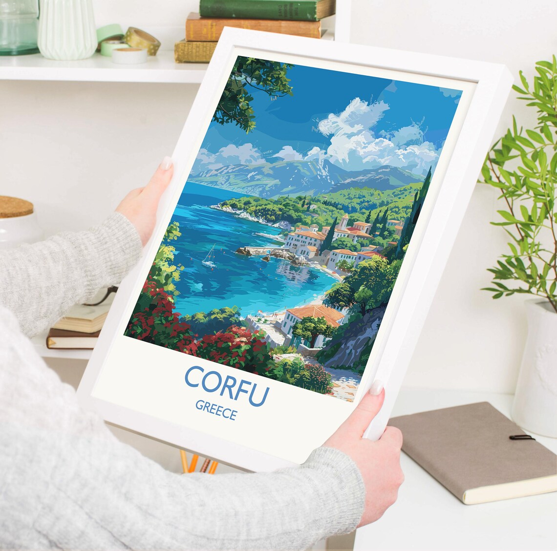 Corfu Greece Coastal Village Bay White Border Text Travel Poster - Image 3