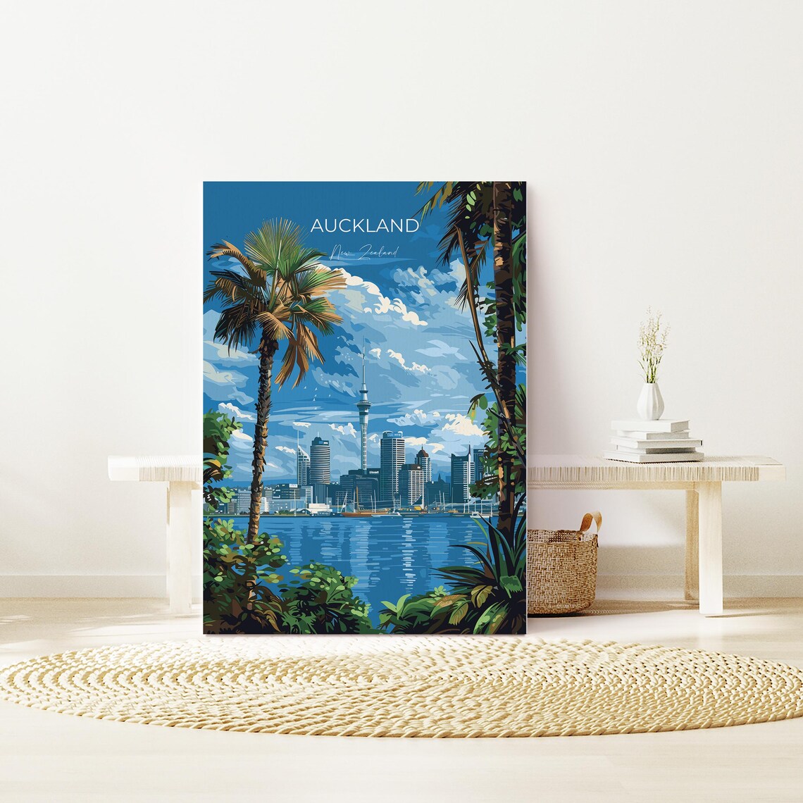 Auckland New Zealand Skyline Sky Tower Palm Trees View Poster - Image 2