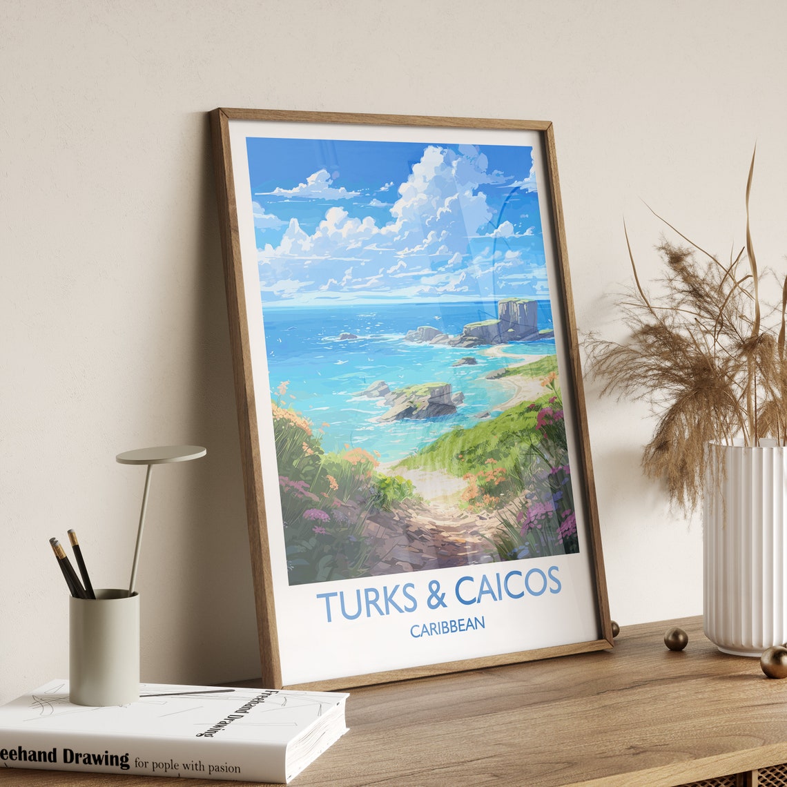 Turks And Caicos Caribbean Turquoise Coast Cliff Paradise Art Poster - Image 3