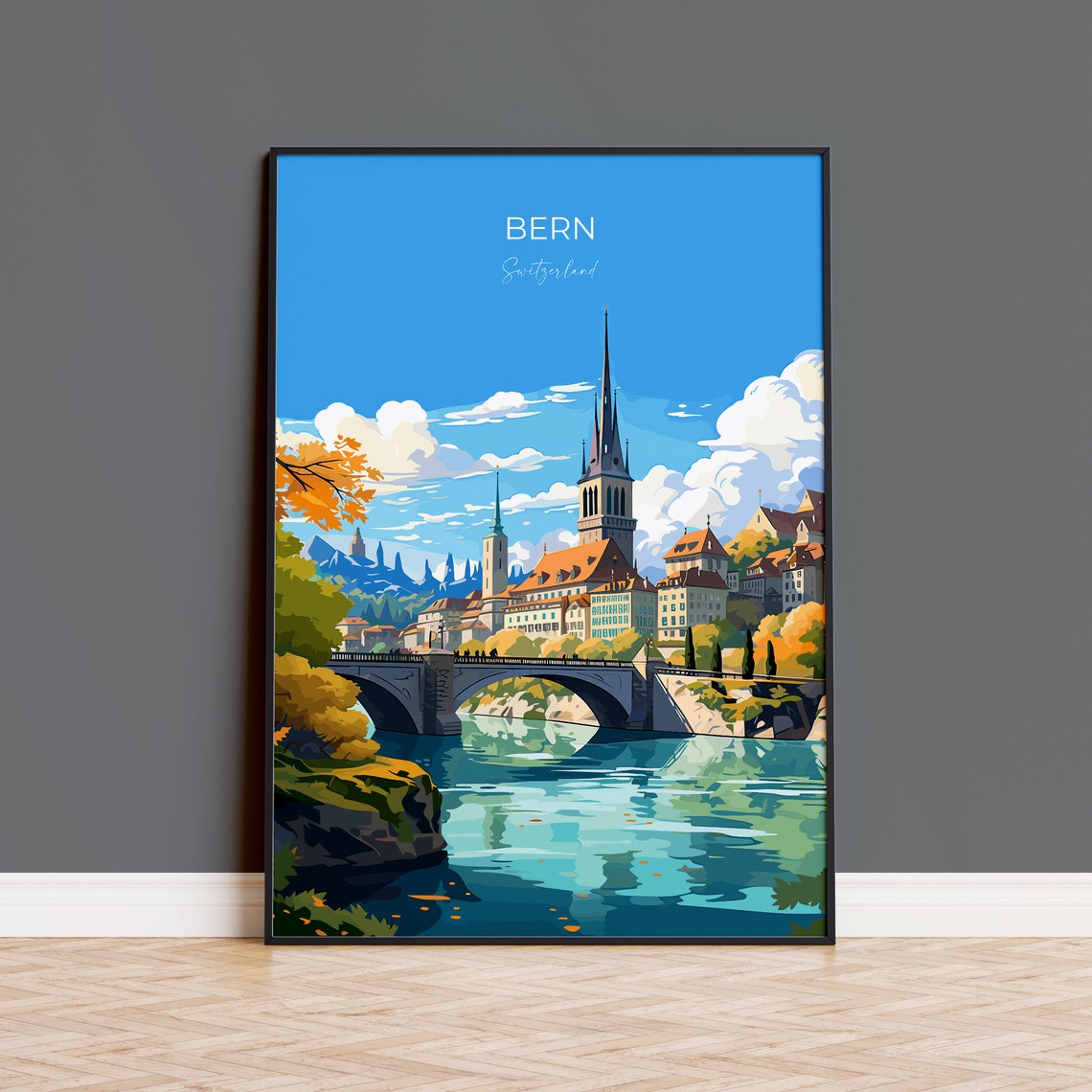 Bern Switzerland Riverfront Cathedral Art Deco Travel Poster
